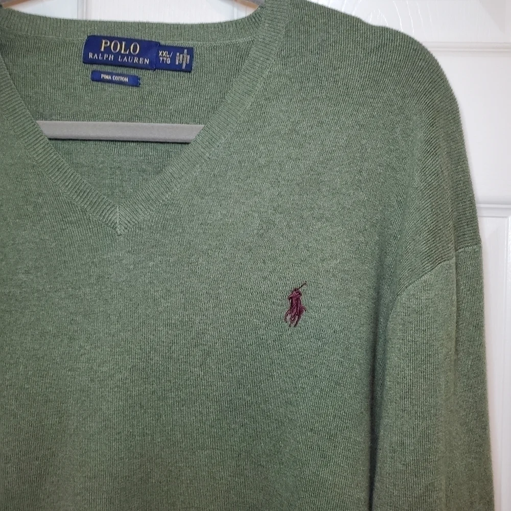 Polo Ralph Lauren 100% Pima Cotton Olive Green V-Neck Pullover Sweater Sz XXL